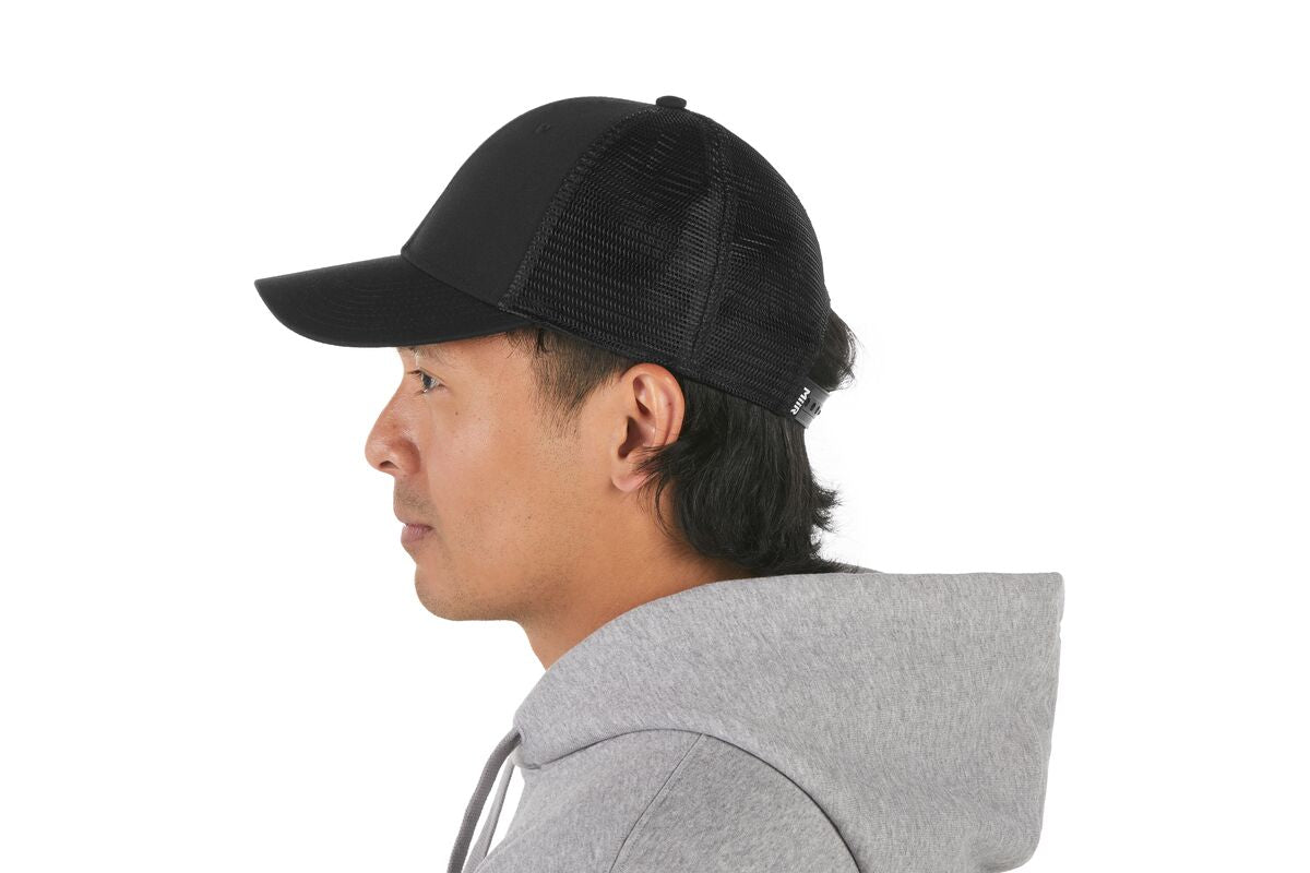 recycled-poly-low-profile-trucker-hat-k4 WebPDP-HAT002002_Recycled_Poly_Low_Profile_Trucker_Hat_Black_Studio_Harper_Studios_0723_Back__HAT002002OS.jpg